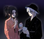  1boy 1girl aqua_eyes black_hair black_hat bleach bleach:_sennen_kessen-hen brown_eyes colored_tongue commentary cup eating english_commentary food hat highres hitsugaya_toushirou holding holding_cup japanese_clothes kimono kurosaki_karin pink_kimono ponytail shaved_ice sidelocks silegesi tongue tongue_out white_hair wide_sleeves yukata 