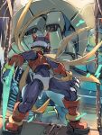  1boy absurdres android armor blonde_hair commentary_request energy_sword full_body helmet highres holding holding_sword holding_weapon humanoid_robot long_hair looking_back male_focus mega_man_(series) mega_man_zero_(series) omochi_(mochi_skymega) red_armor red_helmet robot standing sword weapon z_saber zero(z)_(mega_man) zero_(mega_man) 