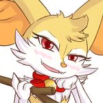  &lt;3 2017 anthro bell blush braixen canine fan_character fangs female fortuna_(unknownlifeform) fur heart_nose inner_ear_fluff mammal nintendo open_mouth orange_fur pok&eacute;mon red_eyes simple_background solo stick unknownlifeform video_games white_background white_fur yellow_fur 