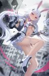  1girl absurdres aiming aiming_at_viewer animal_ears breasts building center_opening cleavage closed_mouth clothing_cutout commentary crop_top debris detached_sleeves dual_wielding energy_gun floating_hair glint grey_sky gun hair_ornament head_tilt high_heels highres holding holding_gun holding_weapon leg_up legs long_hair long_sleeves looking_at_viewer low_twintails medium_breasts miniskirt mirufuaa multicolored_hair nail_polish navel original outdoors panties pink_eyes pink_nails pink_streaks pleated_skirt rabbit_ears ruins skirt sky solo stomach streaked_hair thigh_strap thighs twintails underboob underboob_cutout underwear very_long_hair watermark weapon white_hair white_panties white_skirt 