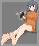  1girl bare_legs barefoot black_socks blush border breasts character_request copyright_request feet foot_focus grey_background grey_border grey_hair highres holding holding_sock holding_unworn_clothes large_breasts legs long_sleeves looking_at_viewer medium_hair nairo on_ground open_mouth orange_sweater red_eyes ribbed_sweater simple_background sitting smell socks soles solo sweater toes unworn_socks 