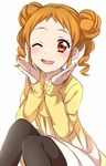  aikatsu! aikatsu!_(series) arisugawa_otome bangs black_legwear blush commentary_request double_bun dress drill_hair feet_out_of_frame long_sleeves looking_at_viewer one_eye_closed orange_hair pantyhose parted_lips sekina simple_background sitting smile solo twin_drills upper_body white_background yellow_dress 