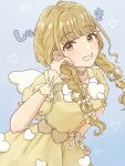  1girl blonde_hair blue_background blush bow braid braided_twintails breasts commentary_request dress fujita_kotone gakuen_idolmaster hair_bow half-heart_hands hand_on_own_hip hand_up heart heart_necklace highres idolmaster jewelry komoro7857 long_hair looking_at_viewer necklace open_mouth puffy_short_sleeves puffy_sleeves short_sleeves small_breasts smile solo twintails twitter_username upper_body white_wings wings yellow_bow yellow_dress yellow_eyes 