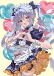  1boy :d apron balloon black_dress blue_hair brown_eyes commentary commission crossdressing crossdressing_(mtf) dress frills heart heart_balloon heart_hands highres hiyo_moo inuyama_tamaki inuyama_tamaki_(2nd_costume) long_hair maid maid_apron maid_headdress male_focus noripro official_alternate_costume pinstripe_dress pinstripe_pattern puffy_short_sleeves puffy_sleeves short_sleeves simple_background skeb_commission smile solo trap twintails virtual_youtuber white_wrist_cuffs wrist_cuffs yellow_background zettai_ryouiki 