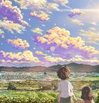  1girl anime_coloring bare_arms blue_sky brother_and_sister brown_dress brown_hair child cloud commentary_request day dress enokoro_(yamanoko2011) farm from_behind greenhouse holding_hands lens_flare light_particles mountain original outdoors rural scenery shirt short_hair siblings sky sleeveless sleeveless_dress sunset town upper_body white_shirt 