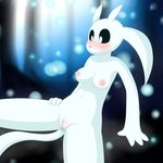  anthro areola black_eyes blurred_background blush breasts canine clitoris cute female fox fur hi_res long_tail mammal maypul-syrup nipples ori pink_eyes pussy solo spread_legs spreading white_body white_fur 