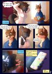  2017 anthro big_breasts blouse breasts canine cellphone clothed clothing comic dialogue digital_media_(artwork) dog english_text female fox hindpaw hornedfreak male mammal paws phone sherri_mayim text 