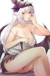  bangs bare_shoulders breasts cleavage closed_mouth collarbone crossed_legs dark_jeanne demon_wings eyebrows_visible_through_hair flower frills granblue_fantasy hair_flower hair_ornament hand_on_own_cheek jeanne_d'arc_(granblue_fantasy) large_breasts long_hair looking_at_viewer naso4 off_shoulder red_eyes sidelocks simple_background sitting skirt smirk solo thighs tongue tongue_out white_background white_hair wings 