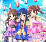  black_hair blue_hair blush brown_hair detached_sleeves english gloves hikami_izuto idolmaster idolmaster_cinderella_girls japanese_clothes kimono lantern long_hair microphone multiple_girls ogata_chieri open_mouth sajou_yukimi tachibana_arisu twintails v yukata 