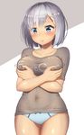  alternate_costume bangs blue_eyes blue_panties blush bow bow_panties breast_hold breasts clothes_writing collarbone covered_navel cowboy_shot eyebrows_visible_through_hair frown grey_shirt hair_ornament hairclip hamakaze_(kantai_collection) hands_on_own_chest kantai_collection large_breasts maku_ro panties parted_bangs shirt short_hair short_sleeves silver_hair solo standing underwear 