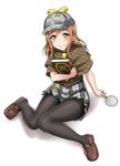  black_legwear blush book bow brown_eyes brown_footwear brown_hair capelet commentary_request deerstalker detective hat hat_bow highres holding holding_book knees_together_feet_apart kunikida_hanamaru loafers looking_at_viewer love_live! love_live!_sunshine!! magnifying_glass necktie pantyhose plaid plaid_hat plaid_skirt shoes sitting skirt solo white_background yellow_neckwear yopparai_oni 