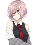  bare_shoulders biting black_dress dress eyes_visible_through_hair fate/grand_order fate_(series) glasses hair_over_one_eye highres jacket lip_biting looking_at_viewer mash_kyrielight necktie off_shoulder parted_lips purple_eyes purple_hair rinarisa short_hair simple_background solo upper_body white_background 