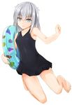  absurdres bangs black_swimsuit blue_eyes collarbone dutch_angle eyebrows_visible_through_hair full_body grey_hair highres holding innertube looking_at_viewer original sidelocks silver_hair swimsuit voyager289 white_background 