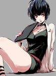  1girl bare_legs belt blue_hair bowl_cut breasts brown_eyes cleavage clipboard collar collarbone dress eyebrows_visible_through_hair holding labcoat looking_at_viewer medium_breasts nail_polish necklace parted_lips persona persona_5 pinkjunkie red_nails short_hair simple_background sitting solo studded_collar takemi_tae 