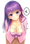  breasts cleavage collarbone fate/stay_night fate_(series) hair_ribbon highres ichikawa_noa large_breasts leaning_forward long_hair looking_at_viewer matou_sakura parted_lips pink_ribbon purple_eyes purple_hair ribbon simple_background solo white_background 