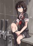  black_hair black_legwear black_serafuku black_skirt blue_eyes braid cannon dated hair_over_shoulder kantai_collection looking_at_viewer sailor_collar school_uniform serafuku shigure_(kantai_collection) shorts shorts_under_skirt single_braid sitting skirt socks solo sugue_tettou twitter_username white_sailor_collar 