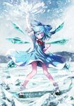  arm_up bare_legs black_footwear blue_bow blue_dress blue_eyes blue_hair bow character_name cirno day dress full_body hair_bow highres ice ice_wings looking_at_viewer outdoors red_ribbon ribbon satyuas shoes short_dress snowing socks solo standing touhou white_legwear wind wings winter 
