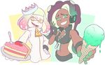  breasts cake cleavage crop_top crown dark_skin domino_mask dress fangs feeding fingerless_gloves food gloves green_eyes hands_on_hips headphones highres hime_(splatoon) ice_cream iida_(splatoon) inkling long_hair looking_at_viewer mask md5_mismatch medium_breasts mole mole_under_mouth multicolored_hair multiple_girls navel_piercing octarian piercing pov_feeding purple_hair simple_background sleeveless smile splatoon_(series) splatoon_2 tentacle_hair white_hair yellow_eyes zieghost zipper zipper_pull_tab 