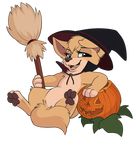  2017 alpha_channel angel_(lady_and_the_tramp) broom canine disney dog fangs female feral food fruit halloween hat hi_res hindpaw holidays lady_and_the_tramp looking_at_viewer mammal open_mouth pawpads paws pumpkin simple_background smitty_g solo transparent_background witch_hat 