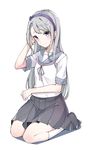  bangs commentary_request full_body hair_ribbon hairband hand_in_hair hand_on_own_stomach head_tilt headband kantai_collection kneehighs kneeling konnyaku_(kk-monmon) long_hair looking_at_viewer pleated_skirt purple_eyes purple_hairband purple_neckwear ribbon sagiri_(kantai_collection) sailor_collar school_uniform seiza serafuku short_sleeves sidelocks silver_hair simple_background sitting skirt solo swept_bangs white_background white_legwear white_serafuku 