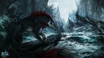  amazing_background black_fur claws detailed_background feral fur hair red_hair solo standing tatiilange unknown_species 