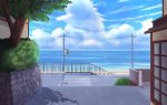  absurdres animal biako bird blue_sky cloud commentary_request crosswalk day flying hedge_(plant) highres horizon no_humans ocean original outdoors pedestrian_lights railing road scenery sky summer tree tree_shade water 