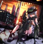  assault_rifle black_shorts blue_hair blush broken_glass chocolate_bar closed_mouth cloud dutch_angle eating eyebrows_visible_through_hair flat_cap food full_body g11 g11_(girls_frontline) girls_frontline glass green_hat green_jacket gun hair_between_eyes hat head_tilt holding holding_food indoors jacket knee_pads long_hair looking_at_viewer off_shoulder rifle roon scarf shirt shoes shorts sitting sky solo sunset untied_shoes very_long_hair weapon white_shirt yellow_eyes 