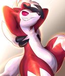  2017 anthro breasts canine claws fur lycanroc mammal midnight_lycanroc nintendo pok&eacute;mon red_eyes red_fur simple_background smile solo video_games white_fur 