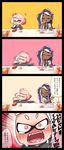  2girls 4koma absurdres alternate_costume asymmetrical_hair bespectacled blush cephalopod_eyes closed_eyes comic commentary crop_top crossover crown crying crying_with_eyes_open dark_skin domino_mask drinking drinking_straw eating emphasis_lines eyebrows face fangs food french_fries glasses green_eyes headphones highres hime_(splatoon) holding holding_food hood hood_down hoodie iida_(splatoon) long_hair long_sleeves looking_at_another looking_at_viewer mask mcdonald's mole mole_under_mouth multiple_girls octarian one_eye_closed open_clothes open_hoodie open_mouth orange_eyes outstretched_arm pink_hair pink_pupils purple_hair reaching semi-rimless_eyewear short_hair short_sleeves smile splatoon_(series) splatoon_2 suction_cups suika_(blueberry998) table tears tentacle_hair translated trembling under-rim_eyewear upper_body zipper_pull_tab 
