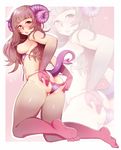  :p ass bangs barefoot bikini blunt_bangs blush breasts brown_hair cameltoe coffeechicken commentary demon_girl demon_horns demon_tail from_side full_body hands_on_own_ass highres horns kneeling long_hair looking_at_viewer medium_breasts micro_bikini nipples original outline pink_eyes purple_bikini pussy solo swimsuit tail tongue tongue_out untied untied_bikini zoom_layer 