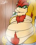  2017 armpit_hair belly belly_hair benjipaws big_belly body_hair bowser chest_hair hair hairy half_naked invalid_tag koopa looking_down male mario_bros moobs nintendo overweight pubes red_hair sauna scalie shell signature simple_background solo spikes standing steam towel video_games 