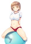  arms_behind_back ball bangs blush breasts brown_hair buruma closed_mouth crop_top exercise_ball eyebrows_visible_through_hair full_body gym_uniform hairband highres ichi_makoto kneehighs large_breasts looking_at_viewer midriff navel original red_buruma shiny shiny_skin shirt shoes short_hair short_sleeves simple_background sitting smile solo straddling sweat t-shirt taut_clothes taut_shirt thighs uwabaki white_background white_footwear white_legwear white_shirt yellow_eyes 