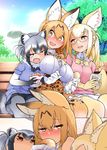  :o alternate_breast_size alternate_hair_length alternate_hairstyle animal_ear_fluff animal_ears bangs bench bespectacled black_bow black_gloves black_hair black_neckwear blonde_hair blush book bow bowtie breasts brown_eyes button_gap commentary_request common_raccoon_(kemono_friends) contemporary day elbow_gloves extra_ears fennec_(kemono_friends) food fox_ears girl_sandwich glasses gloves hayashi_(l8poushou) high-waist_skirt highres holding holding_food hug japari_bun japari_symbol kemono_friends large_breasts long_hair looking_at_viewer multicolored_hair multiple_girls older outdoors ponytail raccoon_ears raccoon_tail sandwiched serval_(kemono_friends) serval_ears silver_hair sitting skirt smile sweat tail v-shaped_eyebrows white_gloves yellow_bow yellow_neckwear 