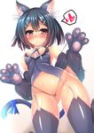  1girl :o animal_ears bare_shoulders bell bell_collar black_hair blush breasts cat_ears cat_tail fate/kaleid_liner_prisma_illya fate_(series) female from_below fur_trim gluteal_fold hair_between_eyes heart looking_down miyu_edelfelt navel panties panty_pull paws pussy_juice pussy_peek shiny shiny_clothes shiny_skin simple_background solo standing sweat tail tamano_nae thighhighs underwear 