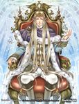 blonde_hair boots bug butterfly cape copyright_name faerur_letoliel_(force_of_will) force_of_will fur_trim insect kamijororo long_hair looking_at_viewer male_focus official_art pointy_ears purple_eyes sitting solo sparkle throne tiara tree 