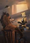  anthro black_fur black_nose blue_eyes canine cat clothed clothing day duo_focus feline female feral fur group headphones holding_object inside latex_(artist) male mammal nude orange_fur smile yellow_eyes yellow_fur 