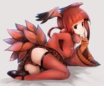 &gt;:) ass bangs blunt_bangs buttons finger_to_cheek fur_collar hachachi head_wings kemono_friends long_hair long_sleeves looking_at_viewer lying mary_janes miniskirt on_side panties pleated_skirt red_eyes red_hair red_legwear red_panties red_shirt red_skirt scarlet_ibis_(kemono_friends) shirt shoes skirt smile solo tail_feathers thighhighs underwear v-shaped_eyebrows wide_sleeves 
