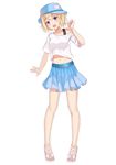  blue_hat blush_stickers full_body hat looking_at_viewer midriff navel off_shoulder open_mouth shirt simple_background solo standing white_background white_footwear white_shirt yukiyaii 