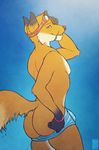  2017 anthro bracelet bulge butt canine clothing dripping eyewear fox glopossum goggles jewelry looking_at_viewer male mammal nude solo speedo swimsuit undressing wet 