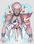  1girl absurdres bad_id bad_pixiv_id bangs bare_shoulders beard black_panties blue_eyes blue_fire blue_hair braid breasts chain clenched_hands cloak closed_mouth collar collarbone commentary_request cuffs cuffs-to-collar dark_skin dark_skinned_male facial_hair fire flaming_sword floating_swords floating_weapon french_braid full_body glowing glowing_eyes gradient gradient_background grey_background grey_hair hand_on_hilt high_collar highres horn katana long_hair looking_at_viewer medium_breasts moonandmist multiple_swords muscle oni oni_horns original panties parted_bangs red_footwear revealing_clothes serious shackles shiny shiny_hair shoes shoulder_spikes spiked_hair spikes spirit standing sword tattoo tusks underwear upper_body veins weapon white_cloak wind yellow_eyes 