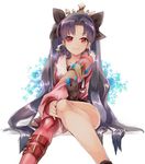  bangs belt belt_buckle black_hair buckle bull creature earrings eyebrows_visible_through_hair fate/grand_order fate_(series) fur_trim gugalanna hair_ornament hair_ribbon hand_on_own_knee hoop_earrings ishtar_(fate/grand_order) ishtar_(swimsuit_rider)_(fate) jacket jewelry knees_together_feet_apart long_hair long_legs long_sleeves looking_at_viewer nigo parted_bangs pink_legwear red_eyes ribbon simple_background single_thighhigh sitting smile solo thighhighs twintails twitter_username very_long_hair white_background 