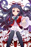  bangs black_legwear bow fingernails flower frilled_skirt frills gradient gradient_eyes higanbana_(higanbana_no_saku_yoru_ni) higanbana_no_saku_yoru_ni highres kamaboko_red long_fingernails long_hair looking_at_viewer multicolored multicolored_eyes outstretched_hand purple_eyes purple_hair red_eyes ribbon sitting skirt smile solo spider_lily thighhighs transparent_background 