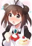  ahoge blush brown_eyes brown_hair cake double_bun food fruit kantai_collection looking_at_viewer maid maid_headdress naka_(kantai_collection) open_mouth short_hair solo strawberry tonari_no_kai_keruberosu 