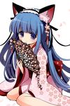  animal_ears bangs blue_eyes blue_hair blunt_bangs blush cat_ears cherry_blossoms child fan floral_print furude_rika hairband highres higurashi_no_naku_koro_ni japanese_clothes kamaboko_red kimono long_hair looking_at_viewer paw_print petals pink_kimono ribbon sitting smile solo 