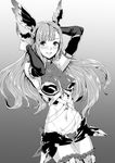  arm_garter armpits arms_up asymmetrical_bangs bangs bare_shoulders blush breasts cleavage cowboy_shot deras dutch_angle elbow_gloves gloves granblue_fantasy greyscale groin hair_ornament halter_top halterneck large_breasts long_hair looking_at_viewer midriff monochrome narrow_waist navel panties panty_peek short_shorts shorts sidelocks solo song_(granblue_fantasy) standing thighhighs thighs two-tone_background underwear 