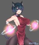  animal_ears bare_shoulders blue_eyes breasts cat_ears cat_tail chain collar earrings grey_background grin highres jewelry large_breasts looking_at_viewer md5_mismatch miura_hajime original pantyhose short_hair sideboob simple_background slit_pupils smile solo tail thighs twitter_username 