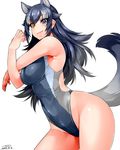  alternate_costume animal_ears arched_back bangs black_hair blue_eyes blush breasts competition_swimsuit dated ears extra_ears eyebrows_visible_through_hair from_side gradient_hair grey_hair grey_wolf_(kemono_friends) hair_between_eyes happa_(cloverppd) heterochromia hips kemono_friends long_hair looking_at_viewer medium_breasts multicolored_hair one-piece_swimsuit outline shiny shiny_hair shiny_skin signature simple_background smile solo standing streaked_hair swimsuit tail thighs very_long_hair white_background wolf_ears wolf_tail yellow_eyes 