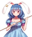  absurdres animal_ears blue_dress blue_hair breasts bunny_ears cleavage collarbone cowboy_shot dress ear_clip gem_oblivion highres holding kine looking_at_viewer low_twintails medium_breasts puffy_short_sleeves puffy_sleeves red_eyes seiran_(touhou) short_sleeves simple_background smile solo touhou twintails white_background 
