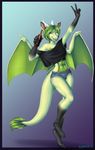  5_fingers anthro barefoot blue_eyes bourbon._(artist) breasts clothed clothing digitigrade dragon female green_hair hair membranous_wings midriff navel open_mouth simple_background smile solo teeth tongue wings 