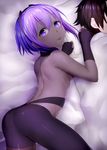  1girl akky_(akimi1127) arched_back ass bed bed_sheet black_gloves black_hair black_legwear breasts eyebrows_visible_through_hair fate/grand_order fate_(series) fingerless_gloves fujimaru_ritsuka_(male) gloves hairband hassan_of_serenity_(fate) highres looking_at_viewer looking_back lying medium_breasts on_side purple_eyes purple_hair ribs short_hair sideboob sidelocks tongue tongue_out topless 